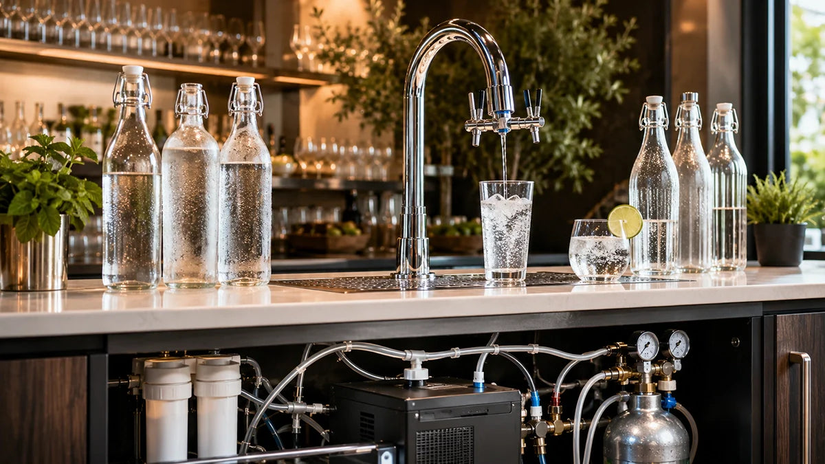 Agua filtrada y con gas servida por grifo en restaurante con botellas reutilizables, filtro, carbonatador y regulador de CO₂ bajo barra - Install Beer