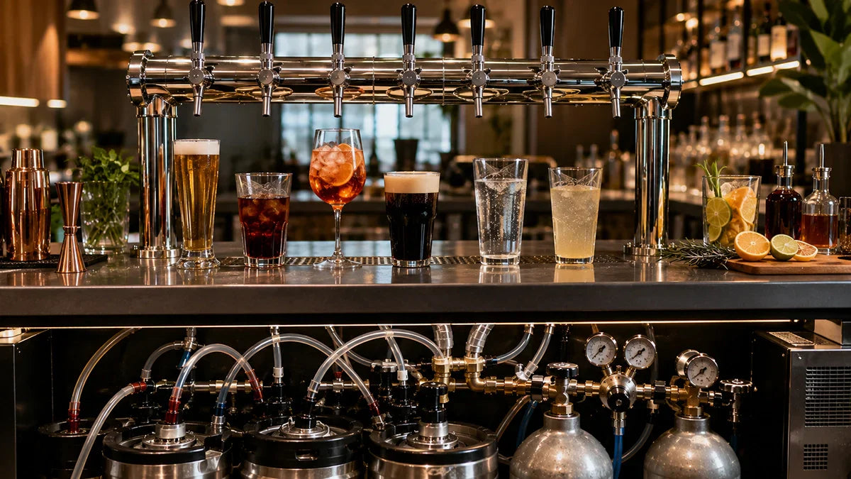 Barra profesional con sistemas de bebidas por grifo para hostelería, cerveza, vermut, cóctel, café nitro, agua filtrada y kombucha - Install Beer