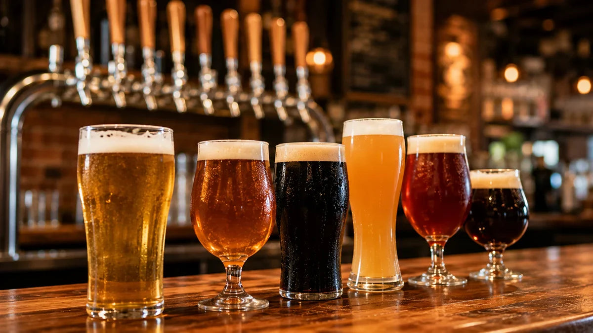 Vasos de diferentes estilos de cerveza servidos en barra para hablar de cultura cervecera y consumo responsable - Install Beer