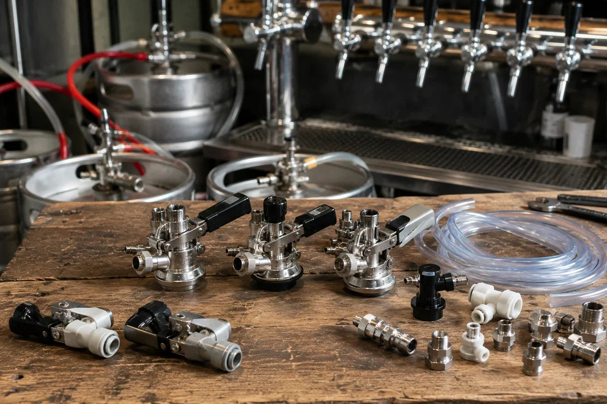 Cabezales de barril para cerveza y bebidas con tubos y racores sobre mesa técnica de instalación - Install Beer