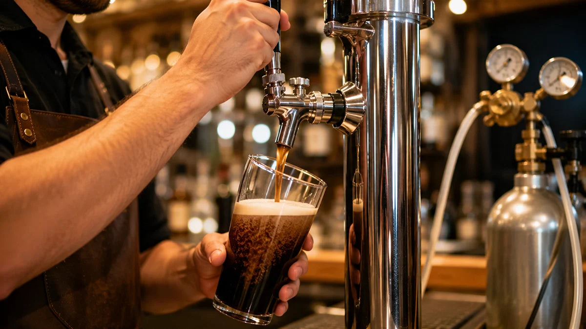 Cerveza nitro servida desde grifo stout con cascada de microburbujas y espuma cremosa en barra profesional - Install Beer