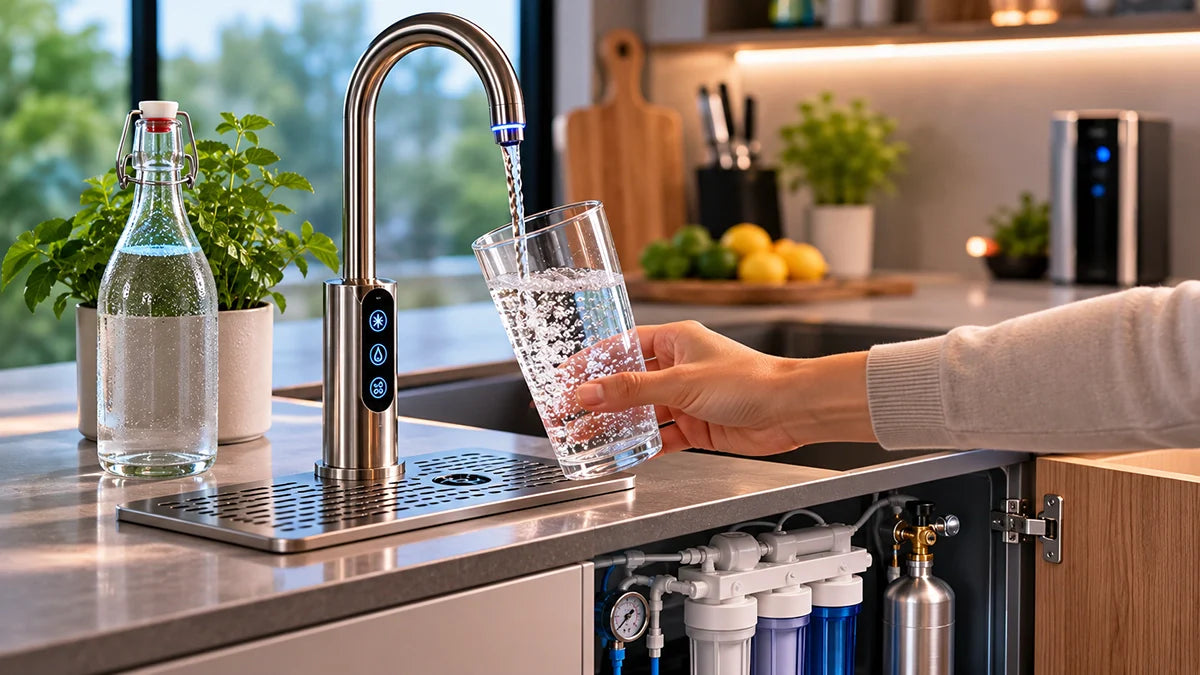 Dispensador de agua filtrada conectado a red con grifo, filtros y vaso llenándose de agua fría - Install Beer