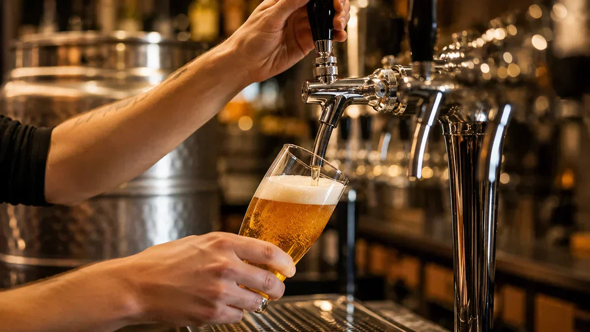 Grifo de cerveza sirviendo una pinta desde una instalación profesional de barril a vaso - Install Beer