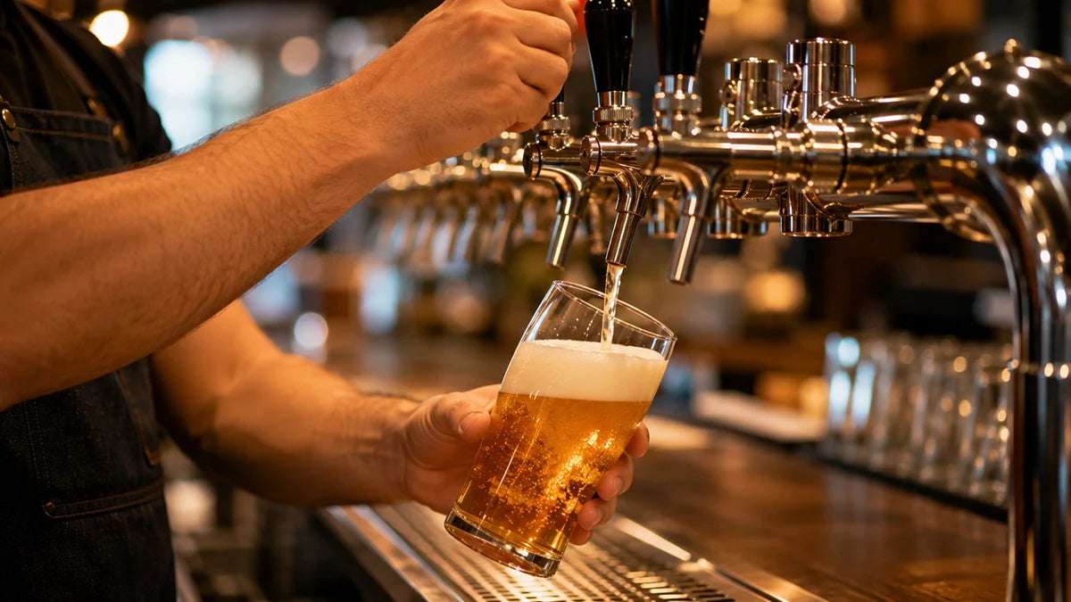 Cerveza de barril servida desde un grifo profesional en un vaso inclinado con espuma limpia - Install Beer