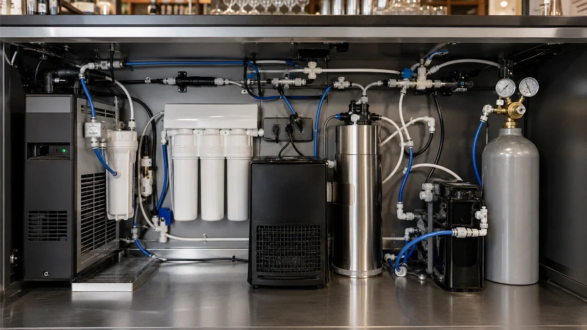 Conectores John Guest en instalación profesional de agua filtrada y gasificada para hostelería con filtros, enfriador, carbonatador, CO₂, tubos 3/8 y racores push-fit - Install Beer