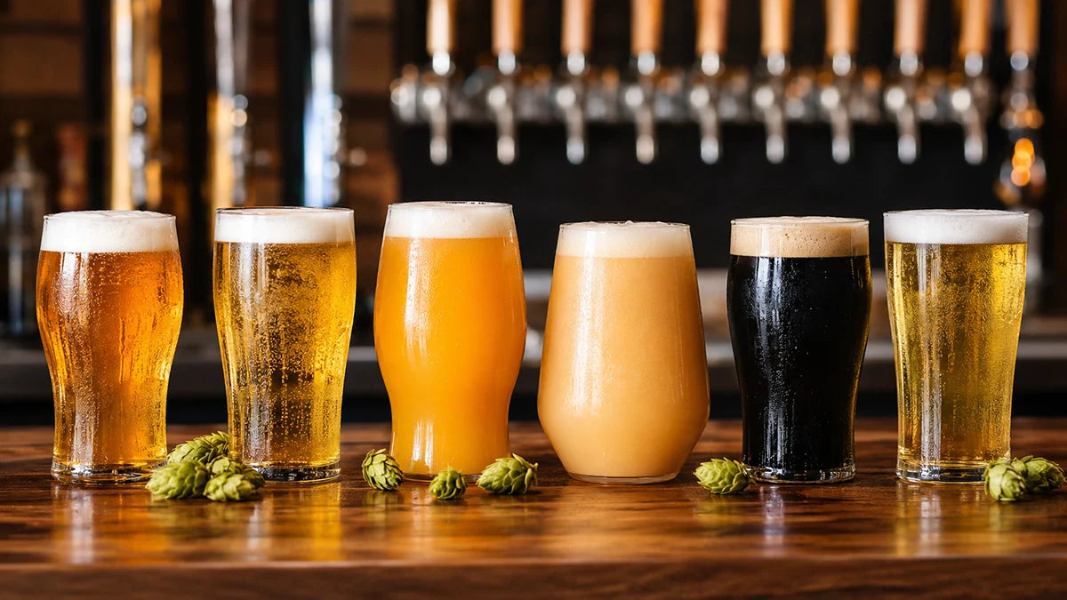 Vasos de diferentes estilos IPA como NEIPA, Hazy IPA, Milkshake IPA, West Coast IPA, Cold IPA y Black IPA en barra de cervecería - Install Beer