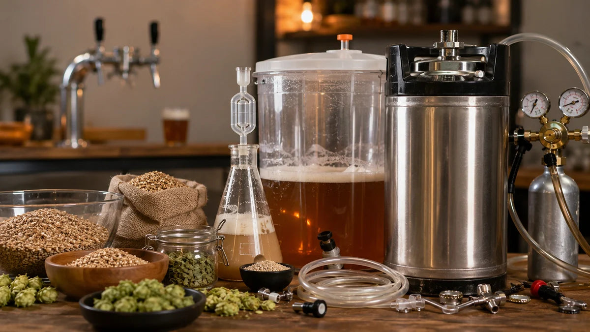 Elaboración de cerveza artesana con malta, lúpulo, fermentador, barril Cornelius y sistema de grifo - Install Beer