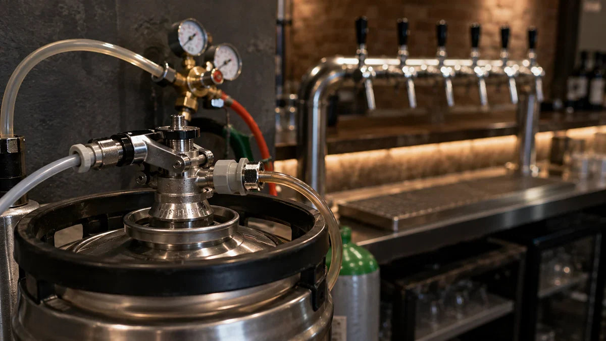 Barril de cerveza conectado con cabezal, gas y tubo de bebida para dispensación por grifo - Install Beer