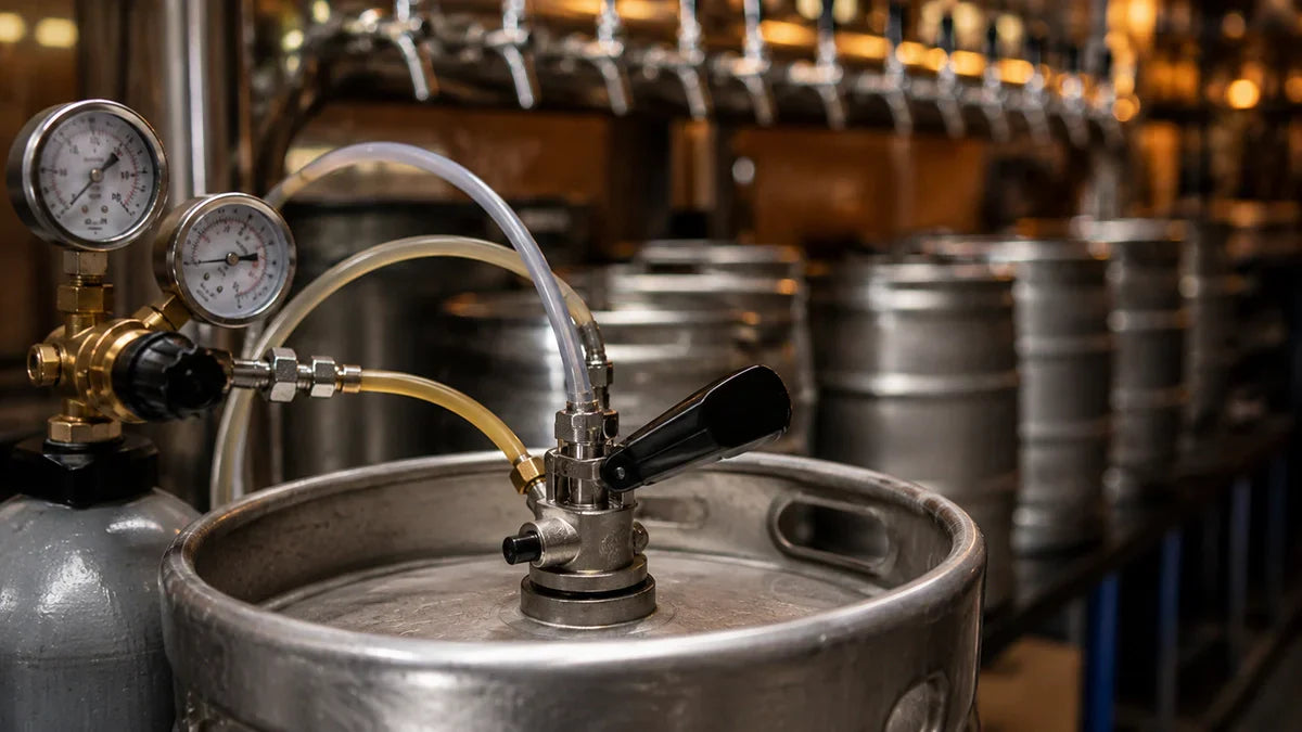 Barril de cerveza conectado con cabezal, gas y línea de dispensado para servir cerveza por grifo - Install Beer