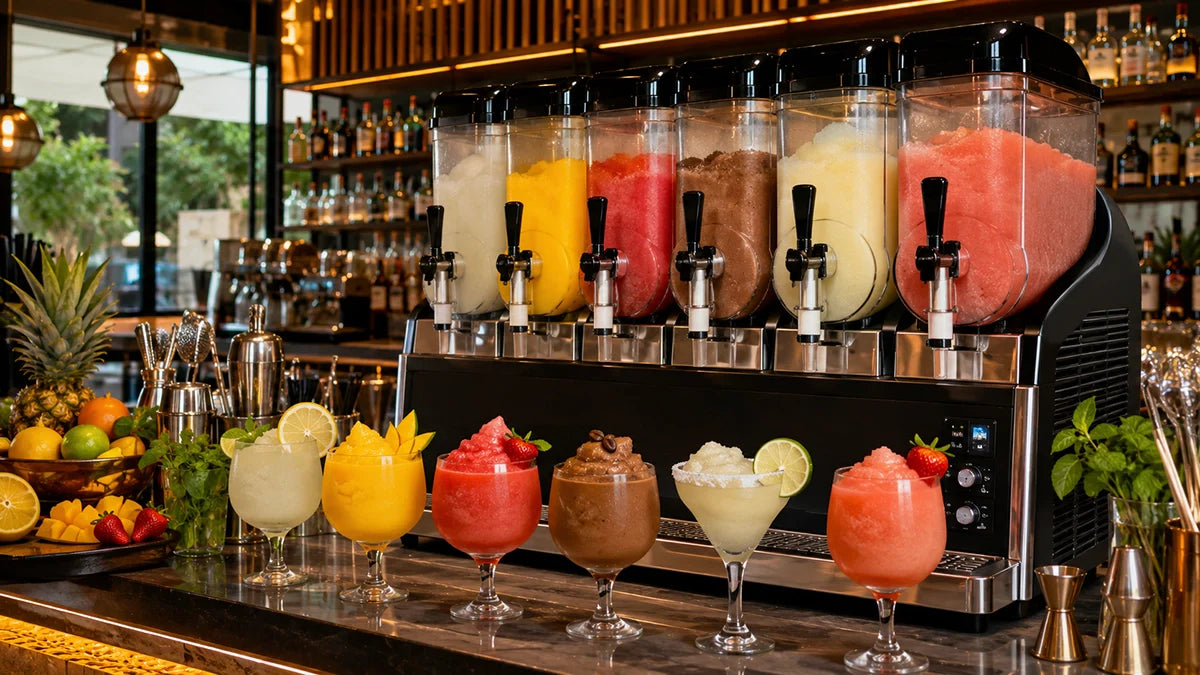 Granizadora profesional de hostelería sirviendo granizados de frutas, cócteles frozen, café frío y vino granizado en barra premium - Install Beer