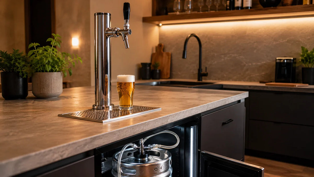 Grifo de cerveza instalado en una cocina doméstica con columna, bandeja y sistema de frío bajo mostrador - Install Beer