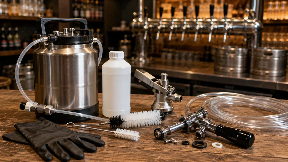 Limpieza de grifo de cerveza con tanqueta, cepillos y producto limpiador para líneas de dispensación - Install Beer