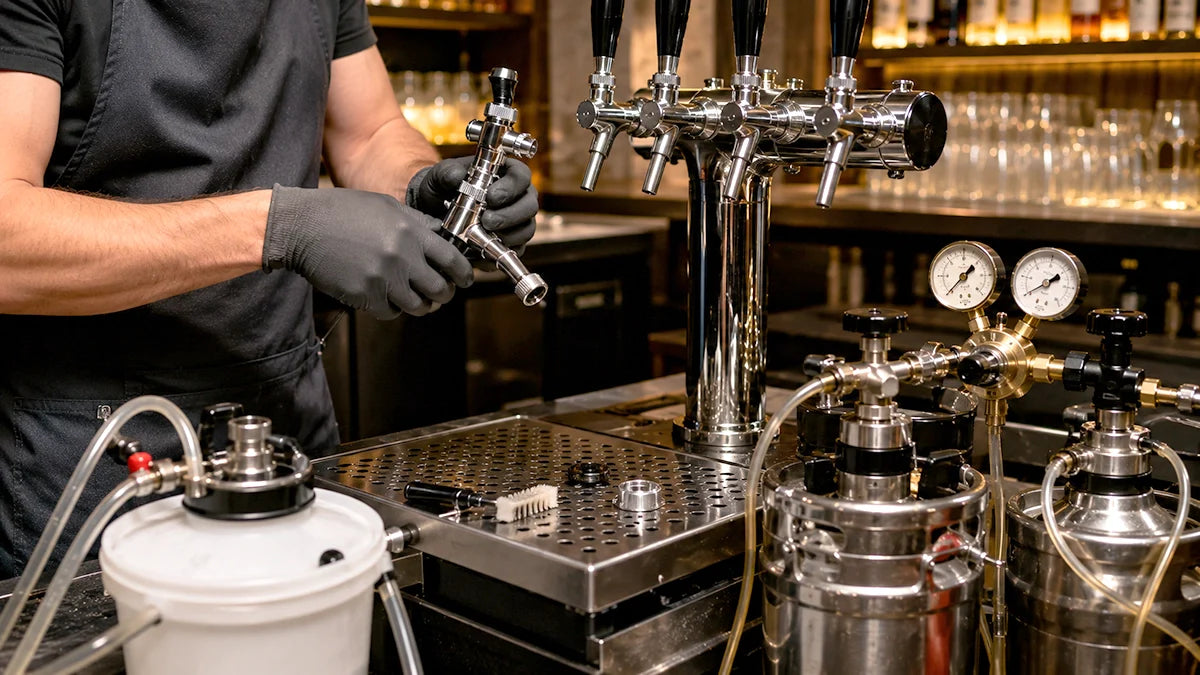 Técnico realizando mantenimiento preventivo de un grifo de cerveza en bar con tanqueta de limpieza, tubos, cabezal y regulador de CO₂ - Install Beer