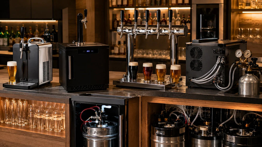 Comparativa de dispensadores de cerveza con tirador portátil, kegerator, columna profesional, CO₂ y vasos servidos en barra - Install Beer