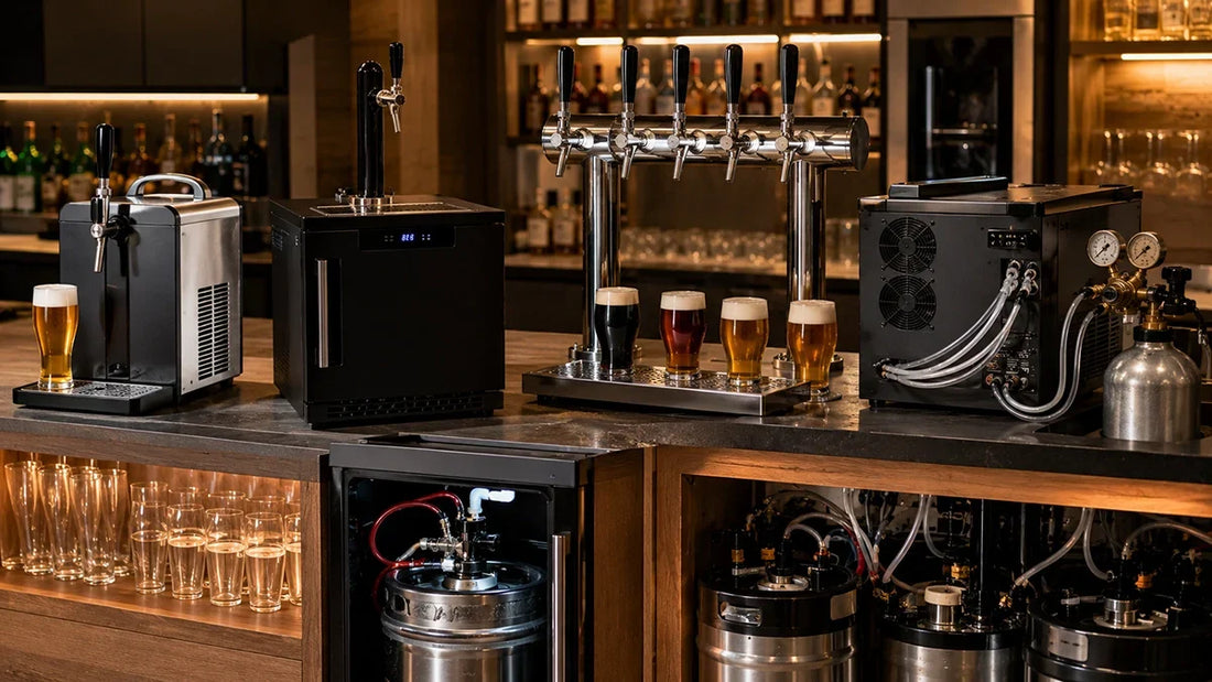 Comparativa de dispensadores de cerveza con tirador portátil, kegerator, columna profesional, CO₂ y vasos servidos en barra - Install Beer