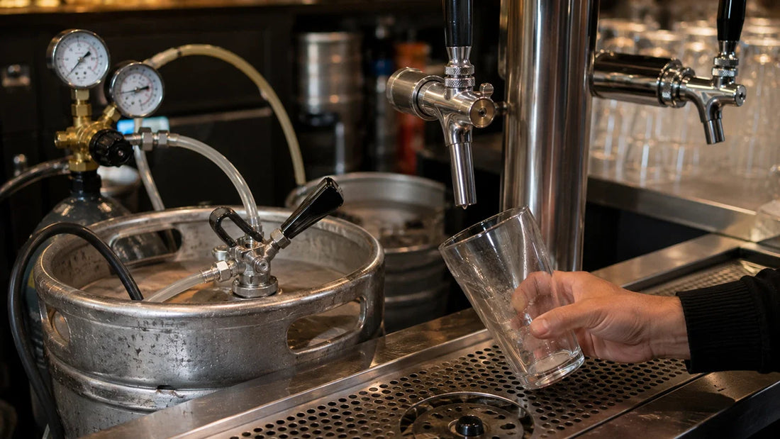 Grifo de cerveza sin caudal con barril, cabezal, tubo y regulador de CO₂ para diagnosticar por qué no sale cerveza - Install Beer