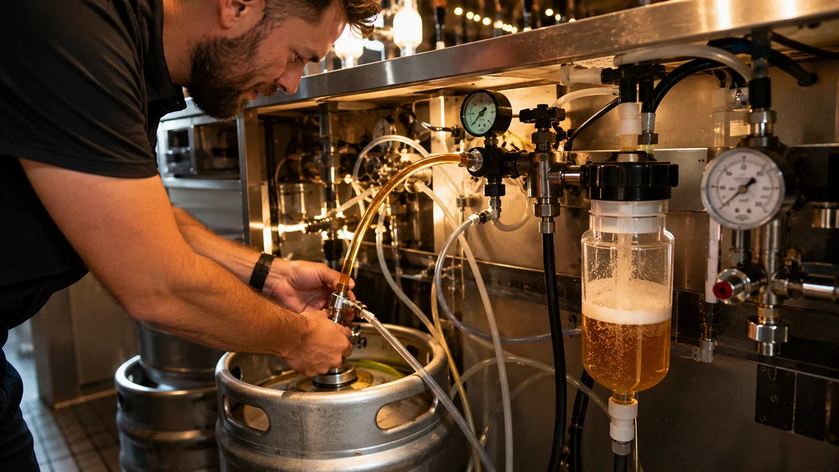 Técnico purgando la línea de cerveza tras cambiar un barril con cabezal extractor, regulador de CO₂ y cellarbuoy - Install Beer