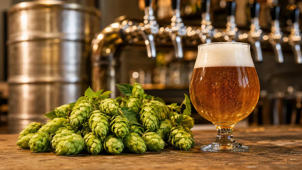 Lúpulo y cerveza servida por grifo para explicar qué son los IBUs y el amargor de la cerveza - Install Beer