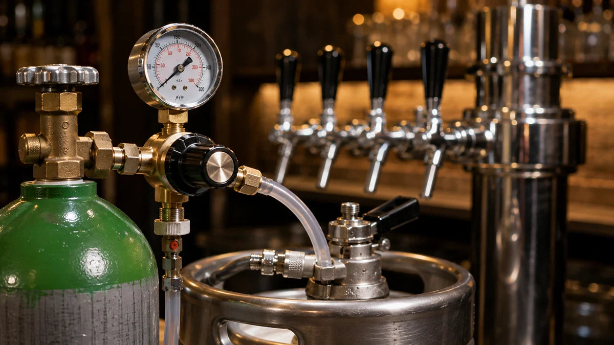 Regulador de CO₂ con manómetro conectado a un sistema de cerveza de barril profesional - Install Beer