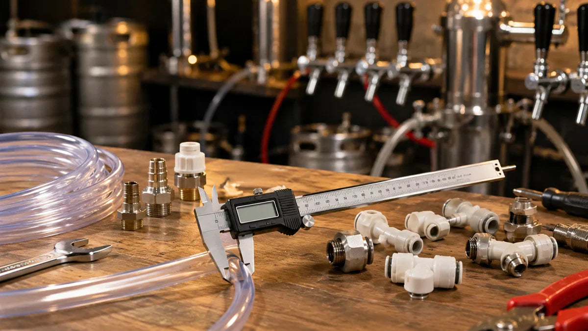 Calibre midiendo tubo alimentario con racores John Guest y conexiones para dispensación de bebidas por grifo - Install Beer