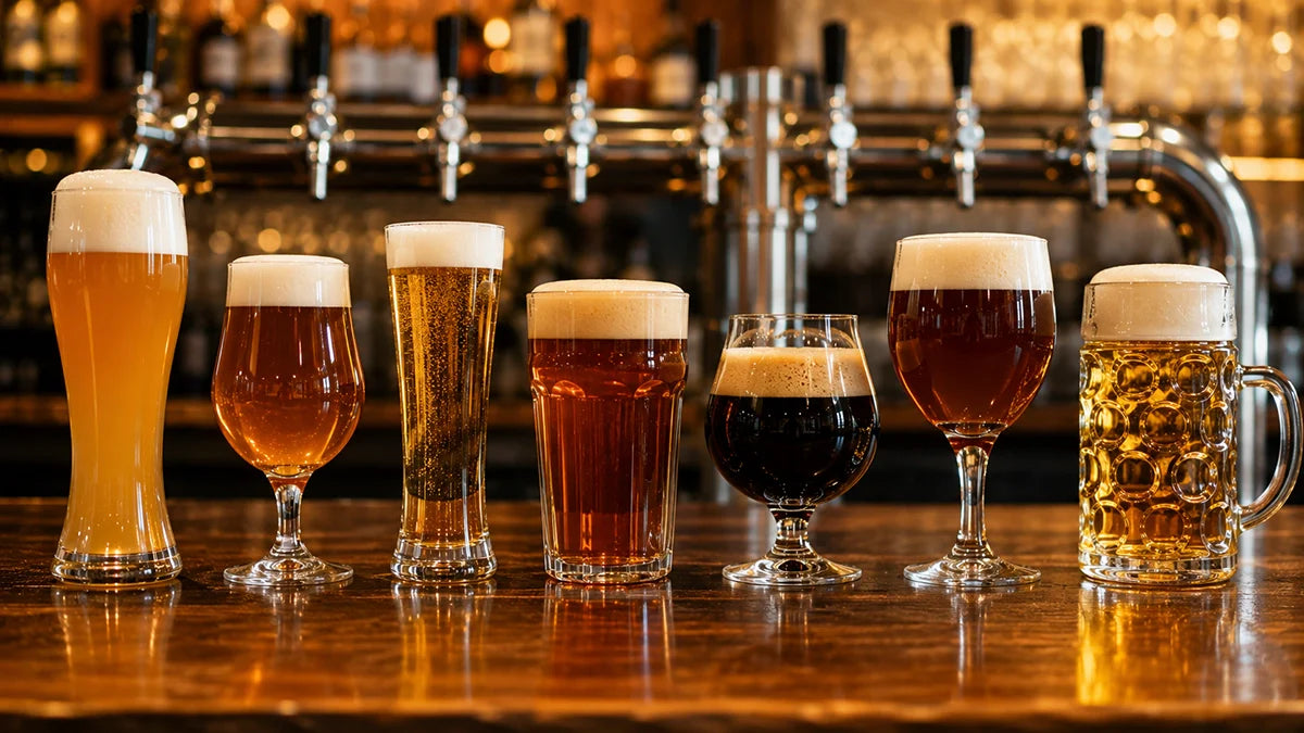 Diferentes vasos de cerveza servidos según estilo en una barra profesional con grifos desenfocados al fondo - Install Beer