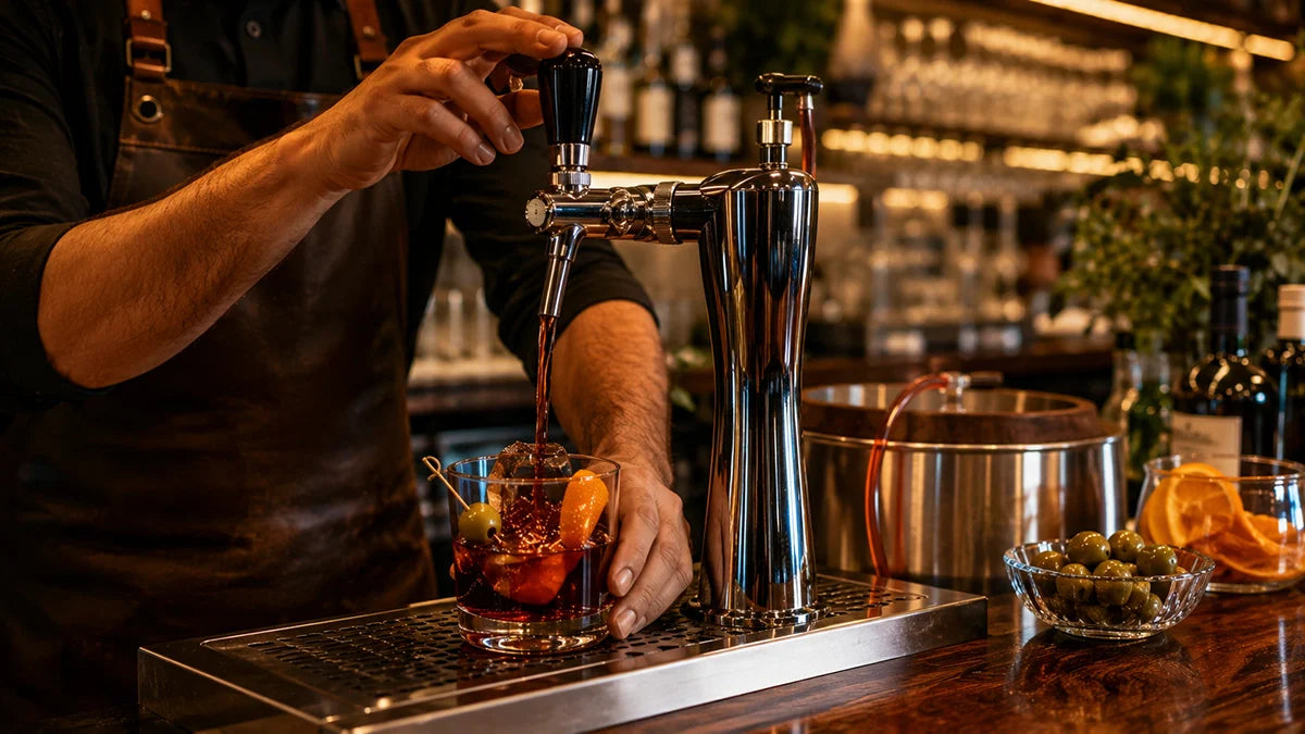Vermut rojo servido por grifo en una barra de hostelería con hielo, naranja y sistema de dispensación profesional - Install Beer