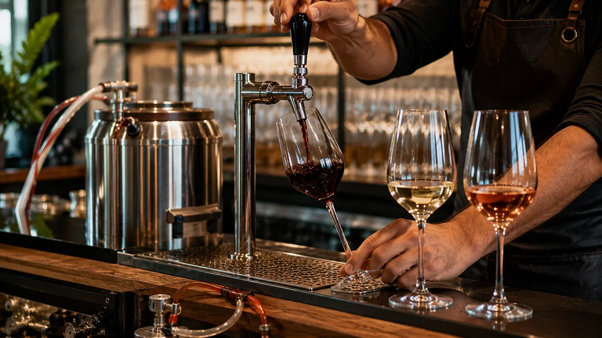 Vino tinto servido por grifo en copa de cristal desde una instalación profesional de vino por barril o Bag-in-Box - Install Beer