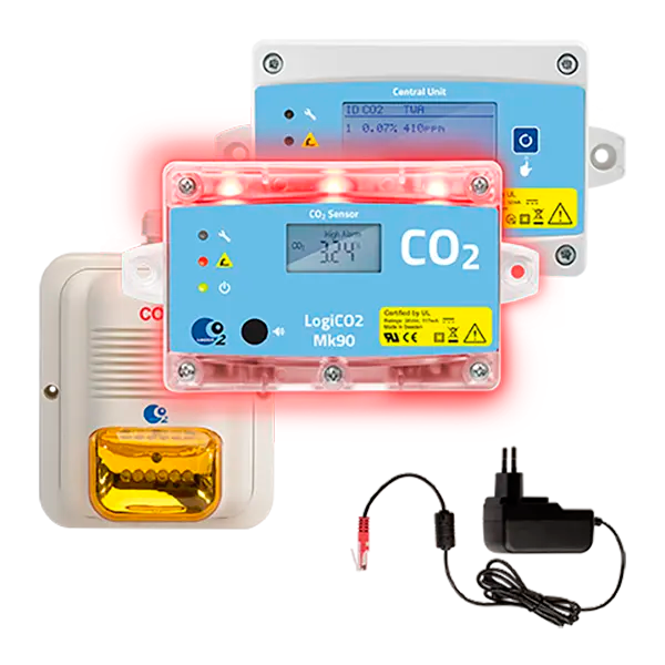 Conjunto básico de detector de CO2 LogiCO2 Mk90 con central y alarma - Install Beer