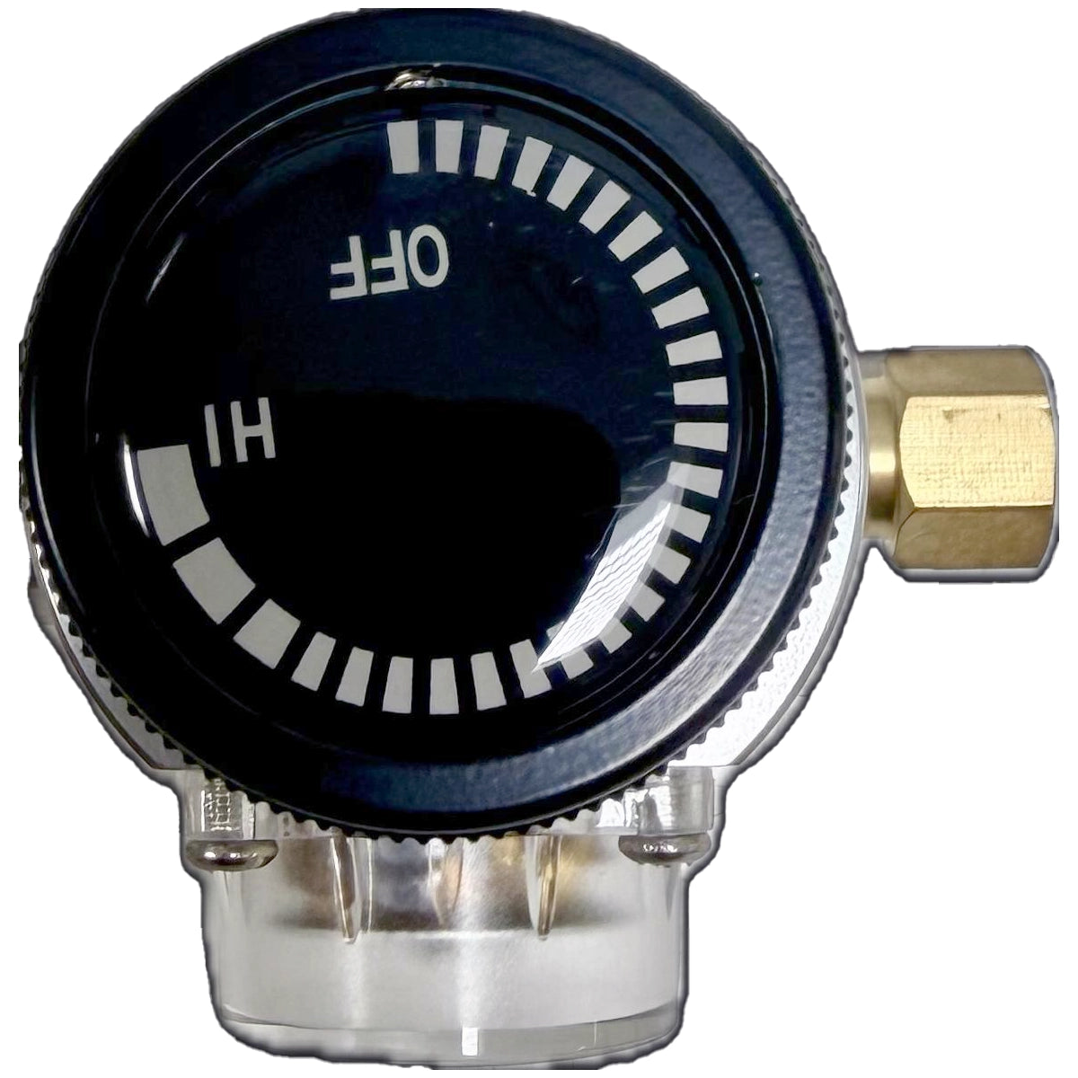 Detalle lateral del regulador portátil de CO₂ con selector de apertura y cierre - Install Beer